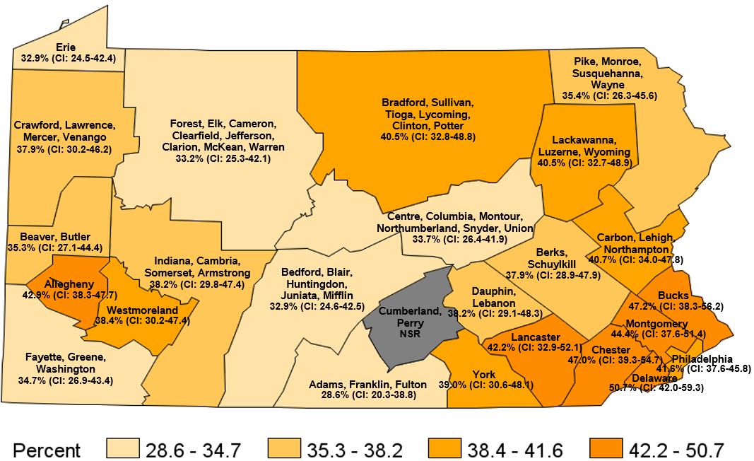 Had Flu Shot or Flu Vaccine Sprayed in Nose in the Past Year, Pennsylvania Health Districts 2018